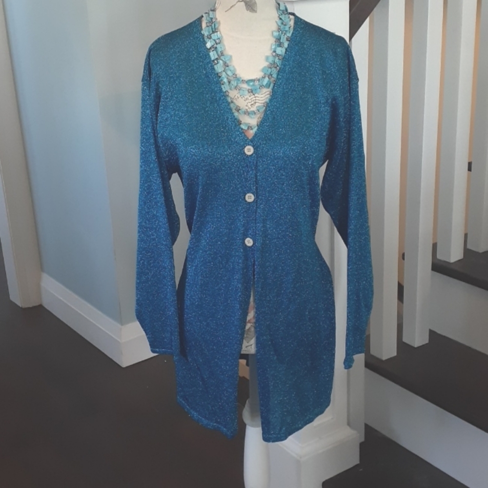 & Super sparkly and stretch metallic blue open back cardigan